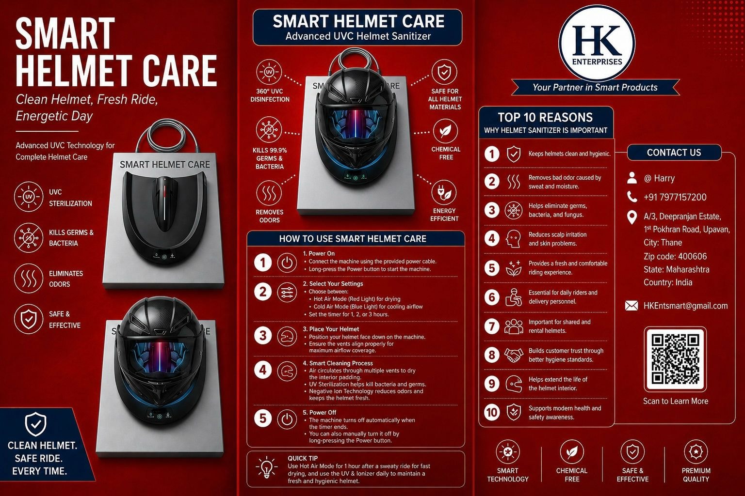 Smart Helmet Care — full product brochure with features, usage guide, and contact details